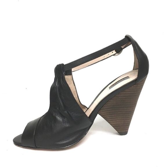Rmk Black Leather Sandal Shoe Cone Heel Peep Toe 9 - Picture 3 of 15